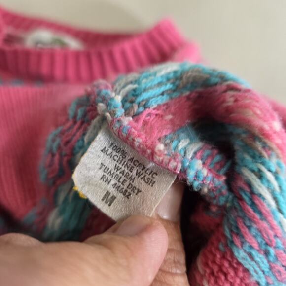 Vtg Grandmacore Sweater Womens M Pink Blue Aztec Fair Isle Cottage Boho 80s - Picture 9 of 9